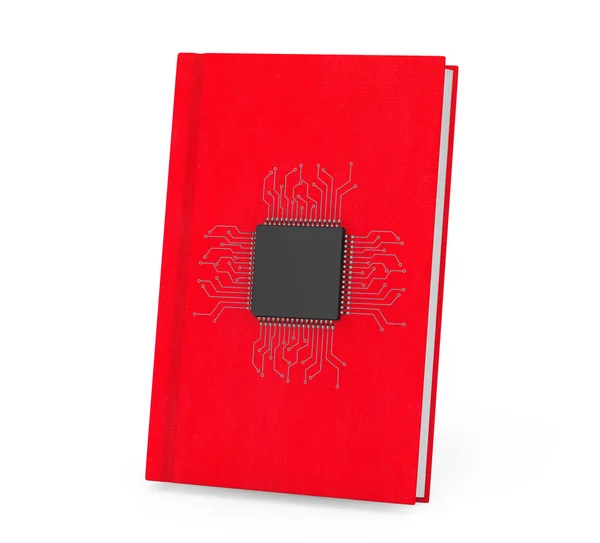 Έννοια των ψηφιακών βιβλίων. Μικροτσίπ με κύκλωμα πέρα από το κόκκινο βιβλίο — Φωτογραφία Αρχείου