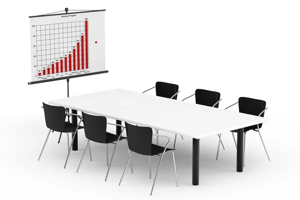 Tela de projeção com gráfico de negócios, tabela e cadeiras — Fotografia de Stock