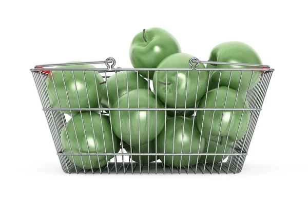 Supermarket Nákupní koš naplněný zelená jablka — Stock fotografie