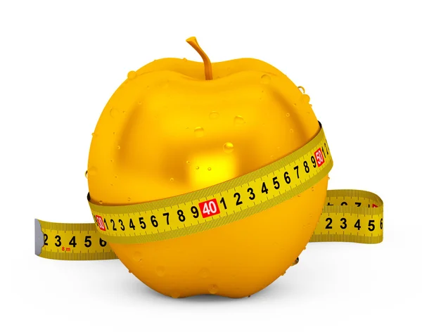 Concept de régime. Pomme dorée humide avec ruban à mesurer jaune — Photo
