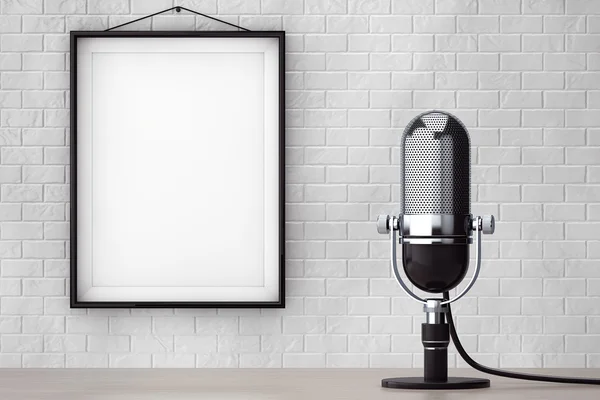 Vintage Silver Microphone in front of Brick Wall with Blank Fram — Stock Photo, Image