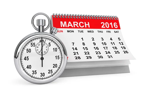 Březen 2016 kalendář s stopky — Stock fotografie