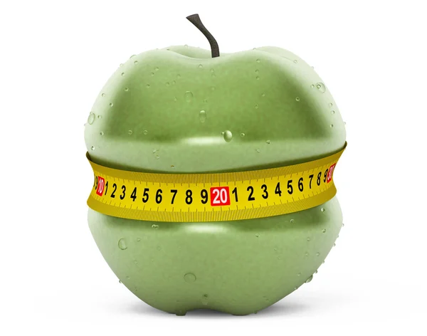 Pojęcie diety. Mokre zielone Jabłuszko z żółtym taśma miernicza — Zdjęcie stockowe