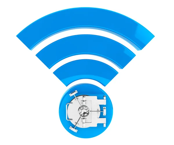 Concepto de seguridad de Internet WiFi. 3d símbolo wifi con caja fuerte del banco — Foto de Stock