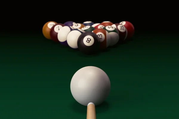 Billiard table with balls set and cue — Stock Photo, Image