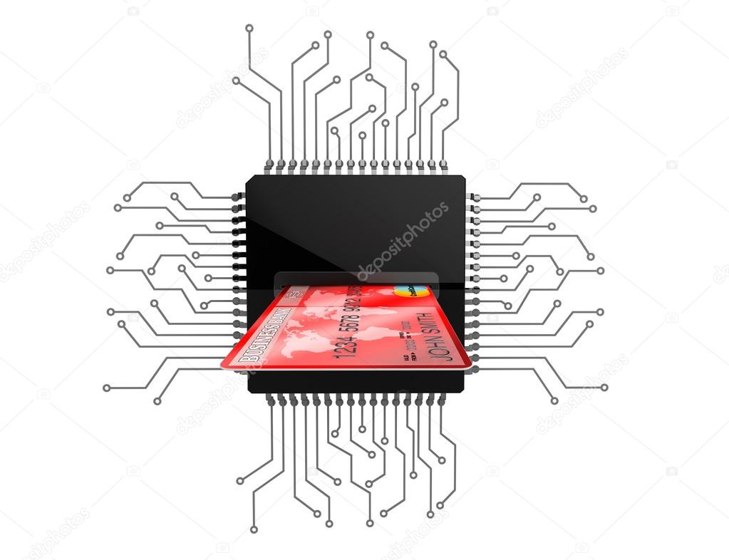 Digital Money Concept. Credit Card over Microchips with circuit