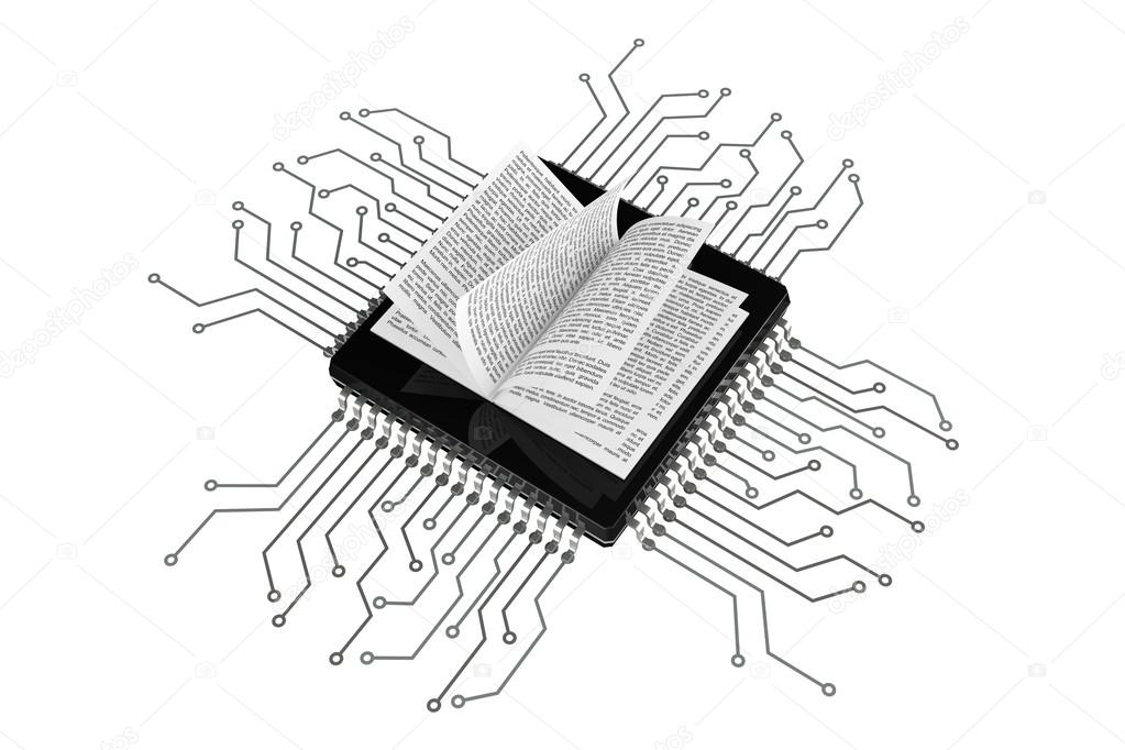 Digital Book Concept. Book over Microchips with circuit