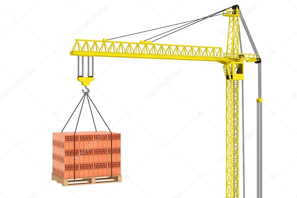 Tower Crane with Stacked Red Bricks over wooden Pallet