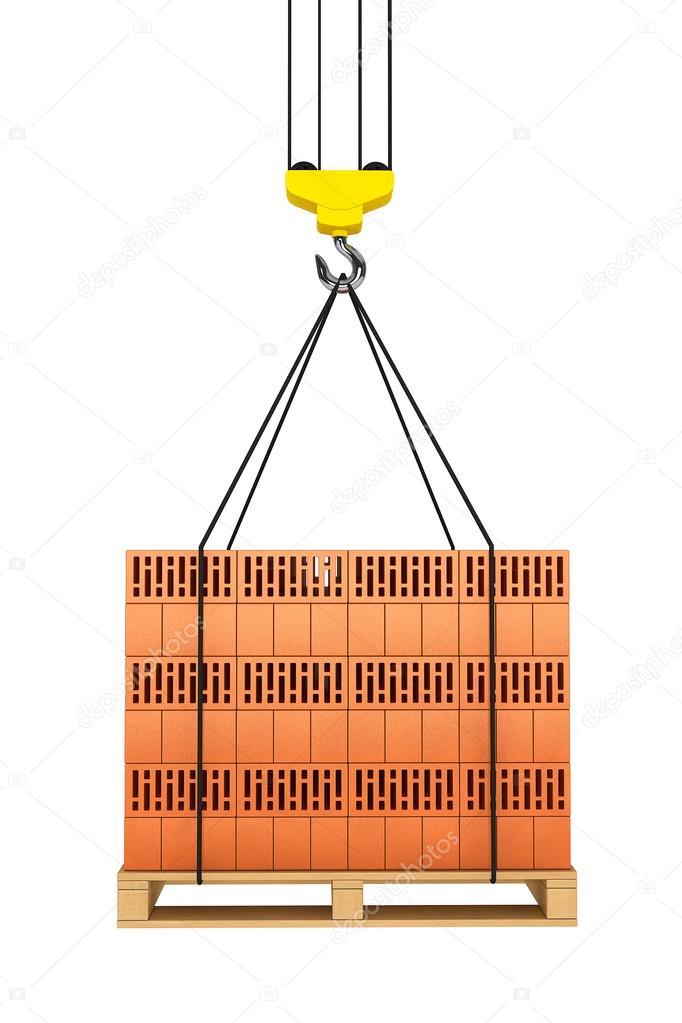 Tower Crane Hook with Stacked Red Bricks over wooden Pallet