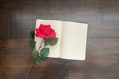 Siyah günlük ve güllerle ahşap arkaplan