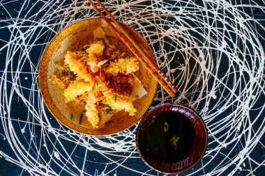 Japanese Cuisine - Tempura Shrimps (Deep Fried Shrimps) with sauce clipart