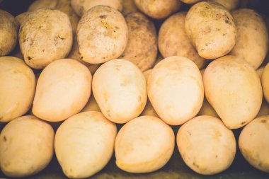 Bir yığın sarı olgun mango ve beyaz arka planda taze ve yarım mango.