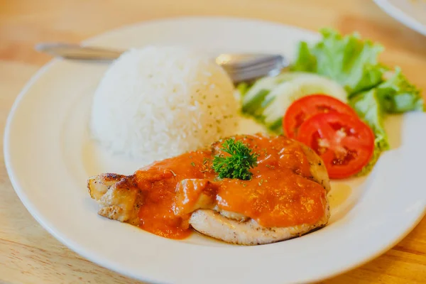 Rice Chicken Steak Plate Restaurant Cafe — Stock Photo, Image