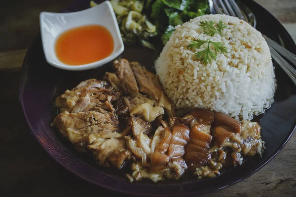 Stewed Pork Leg Rice Side Bowl Wooden Table Thai Food — Stock Photo, Image