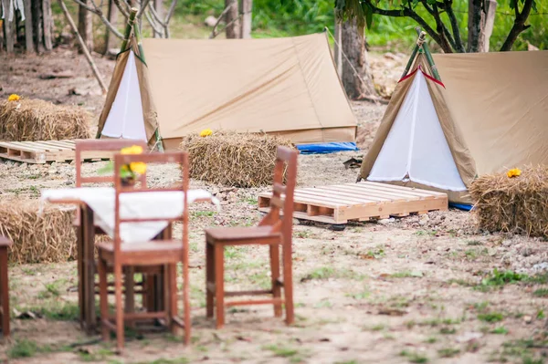 military tent in the open meadow. Against the background of trees