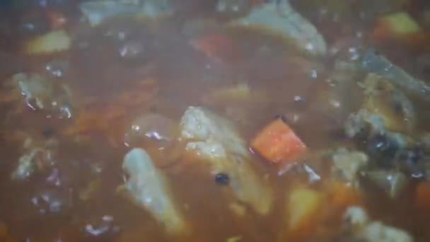 Man Cooking Stir Hot Pork Stew Tasty Beef Meat Stewed — Stockvideo