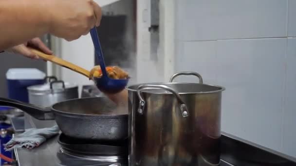 Man Cooking Stir Hot Pork Stew Tasty Beef Meat Stewed — Stok video
