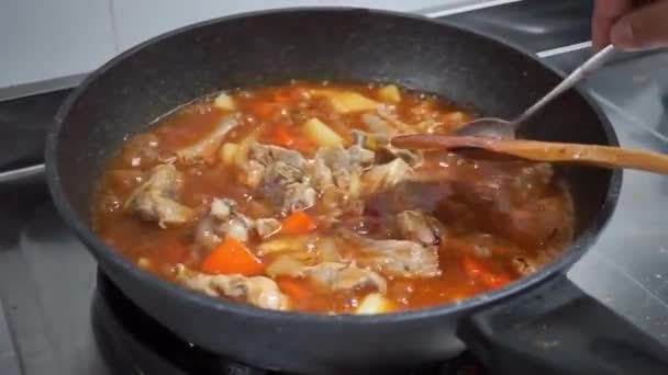Человек Приготовления Пищи Перемешать Горячую Свинину Stew Tasty Мясо Говядины — стоковое видео