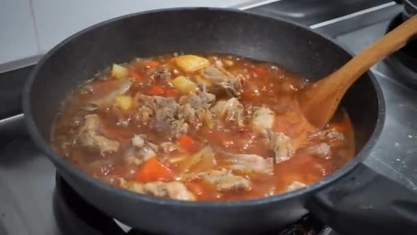 Hombre Cocinando Revolviendo Estofado Cerdo Caliente Sabrosa Carne Res Estofada — Vídeo de stock