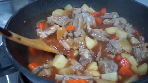 男が調理し ホットポークシチューを攪拌 ジャガイモで煮込みおいしい牛肉の肉 — ストック動画