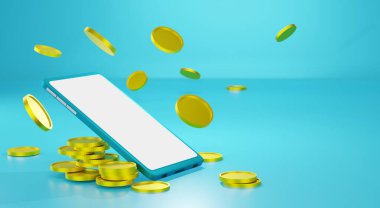 Cep telefonundaki para kavramı ve mavi arkaplanda izole edilmiş beyaz telefon ekranındaki içeriği doldurabilir, illüstrasyon, 3D görüntüleme.