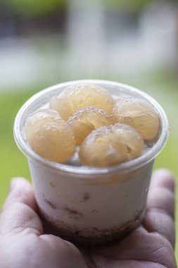 Longan cheesecake on a man's hand , dessert background.