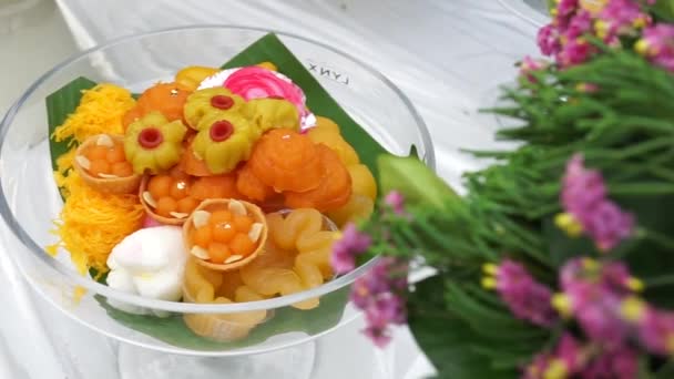 Σετ Ταϊλανδέζικο Γλυκό Κρέας Από Αυγό Και Ζάχαρη Ταϊλανδέζικα Επιδόρπια — Αρχείο Βίντεο
