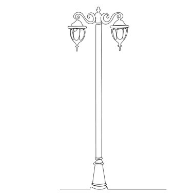 Sokak lambası. Bir tane sürekli çizgi çizimi, izole edilmiş vektör.