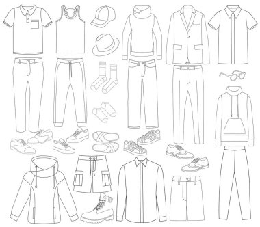 vektör, izole edilmiş, dış hatlar, erkek kıyafetleri çizimi