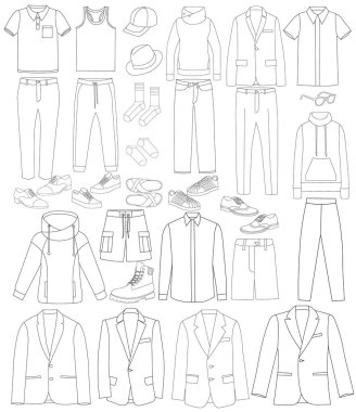 vektör, izole edilmiş, dış hatlar, çizim erkek kıyafetleri, set