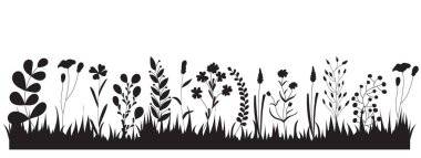 Siluet çimen bitkileri, çiçekler, set