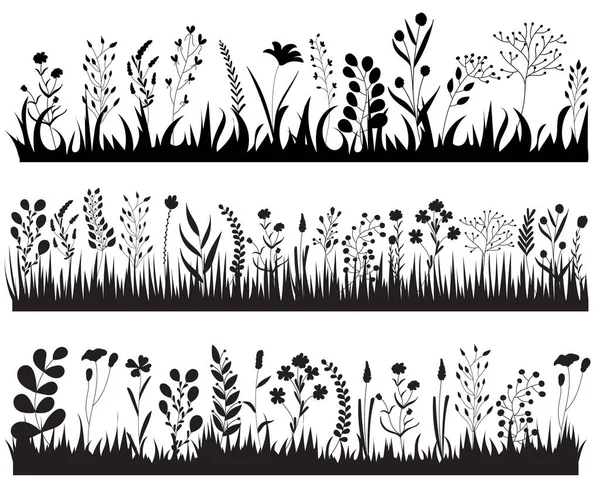 Vector Isolated Silhouette Grass Plants Flowers Set — Stock Vector