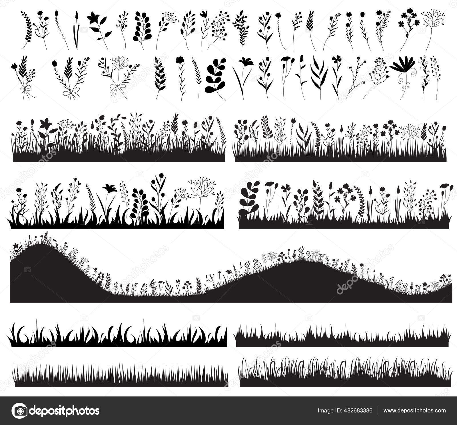 Vector Isolated Black Silhouette Growing Grass Plants Flowers Set Collection  Stock Vector by ©zolotons@mail.ru 482683386, image size:1600x1489
