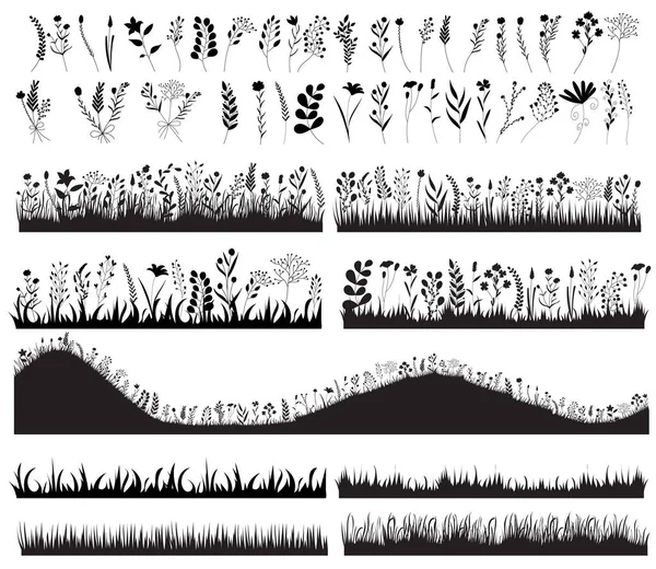 Vector Aislado Silueta Negro Cultivo Plantas Hierba Flores Conjunto Colección — Archivo Imágenes Vectoriales