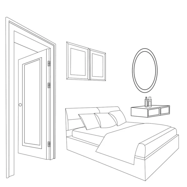 Sketch Bedroom Bed Vector — Stock Vector