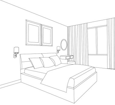 vektör, izole, yatak odası çizimi, iç mekan