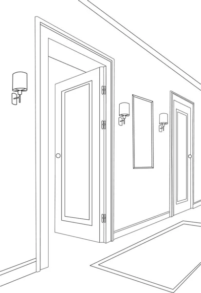 Boceto Pasillo Interior Con Puertas — Vector de stock