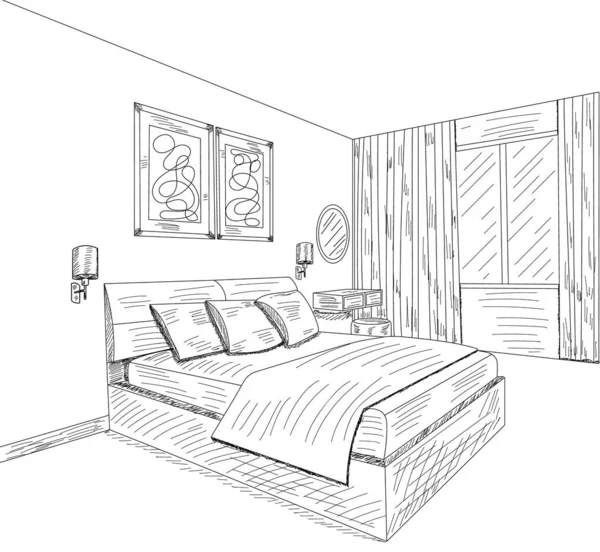 Boceto Interior Del Dormitorio Dibujado Mano — Vector de stock