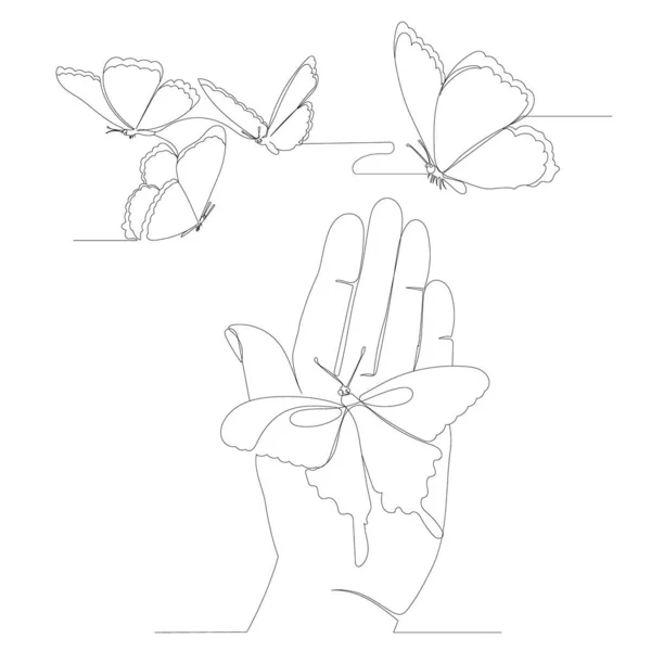 Mano Con Mariposas Una Línea Continua — Vector de stock