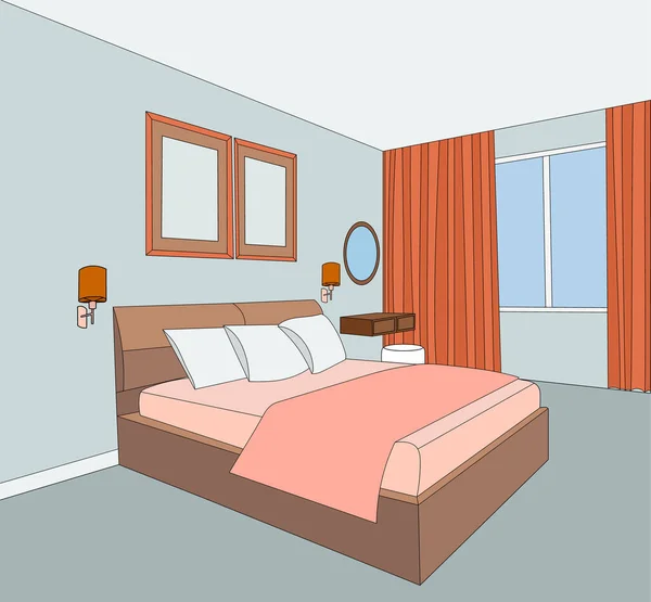 Vector Dormitorio Interior Aislado Cama Ventana — Vector de stock