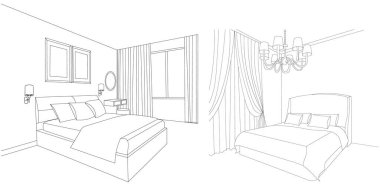 Yatak odası yatak odası, çizim, izole edilmiş, vektör