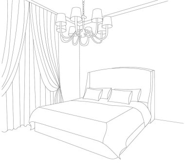vektör, iç yatak odası, yatak odası, pencere çizimi