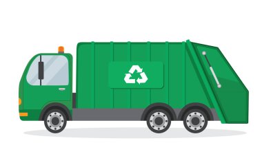 Düz stil yeşil çöp kamyonu, izole