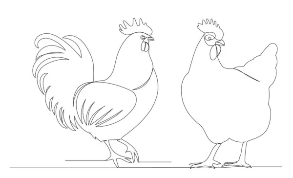 Pollo Gallo Una Linea Continua Disegno Isolato Vettore — Vettoriale Stock
