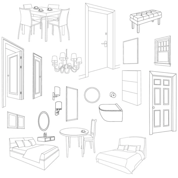 Ensemble Meubles Dans Appartement Croquis Vecteur — Image vectorielle