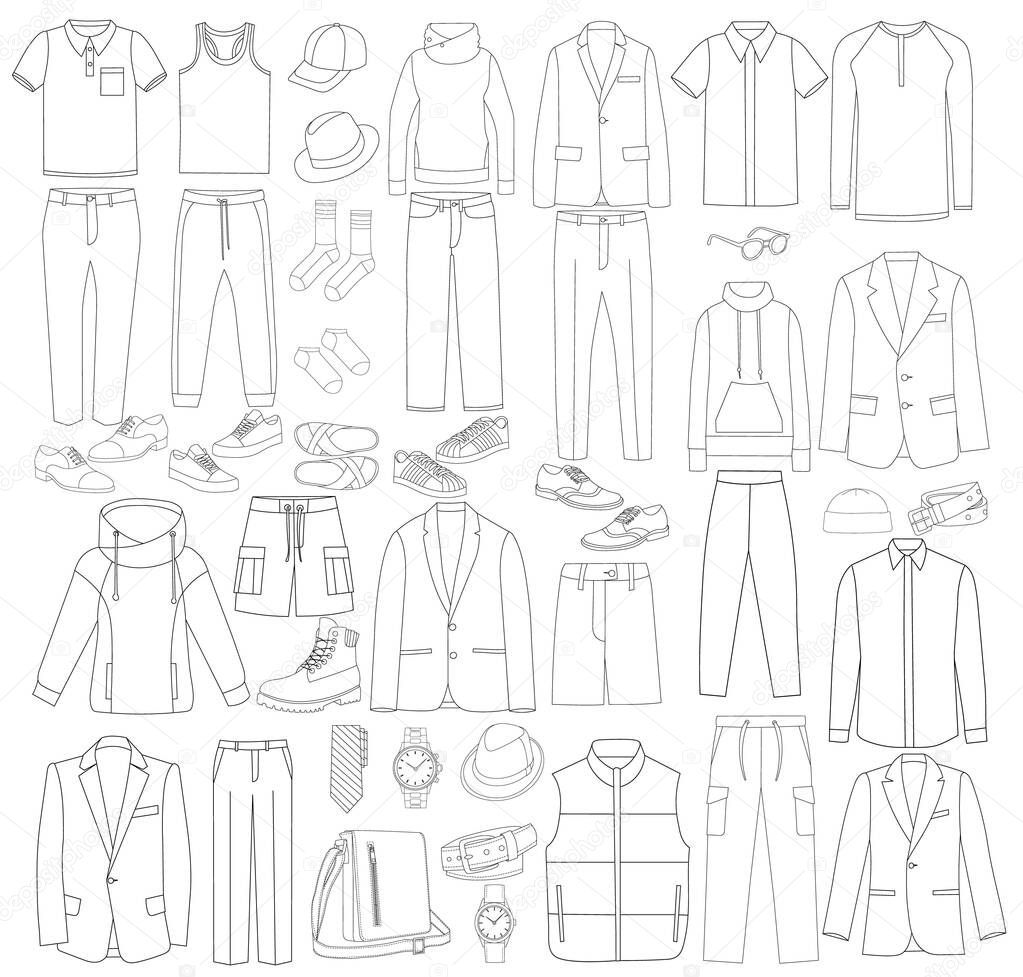 vector, isolated, contour, sketch mens clothing, set, collection