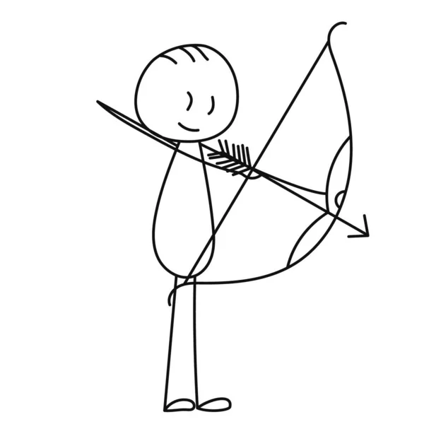 Stick Figure Man Shoots Bow Isolated Vector —  Vetores de Stock