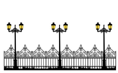 Siyah siluet çitler, yanan fenerler izole edilmiş, vektör