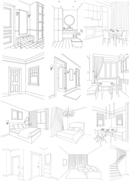 Conjunto Dormitorio Interior Pasillo Cuarto Baño Boceto — Vector de stock