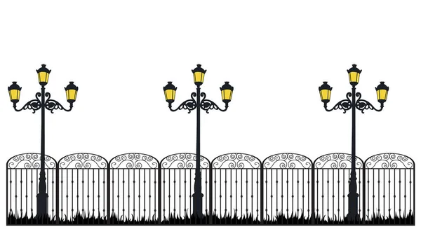Clôture Silhouette Lanternes Brûlantes Isolées — Image vectorielle